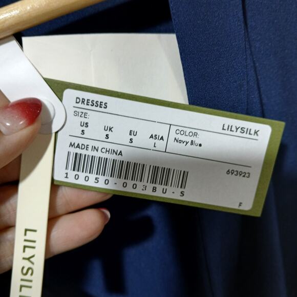 LILYSILK Dress Womens Small Navy Blue Silk Front Tie Wrap Midi Elbow Sleeve NWT - Picture 6 of 16